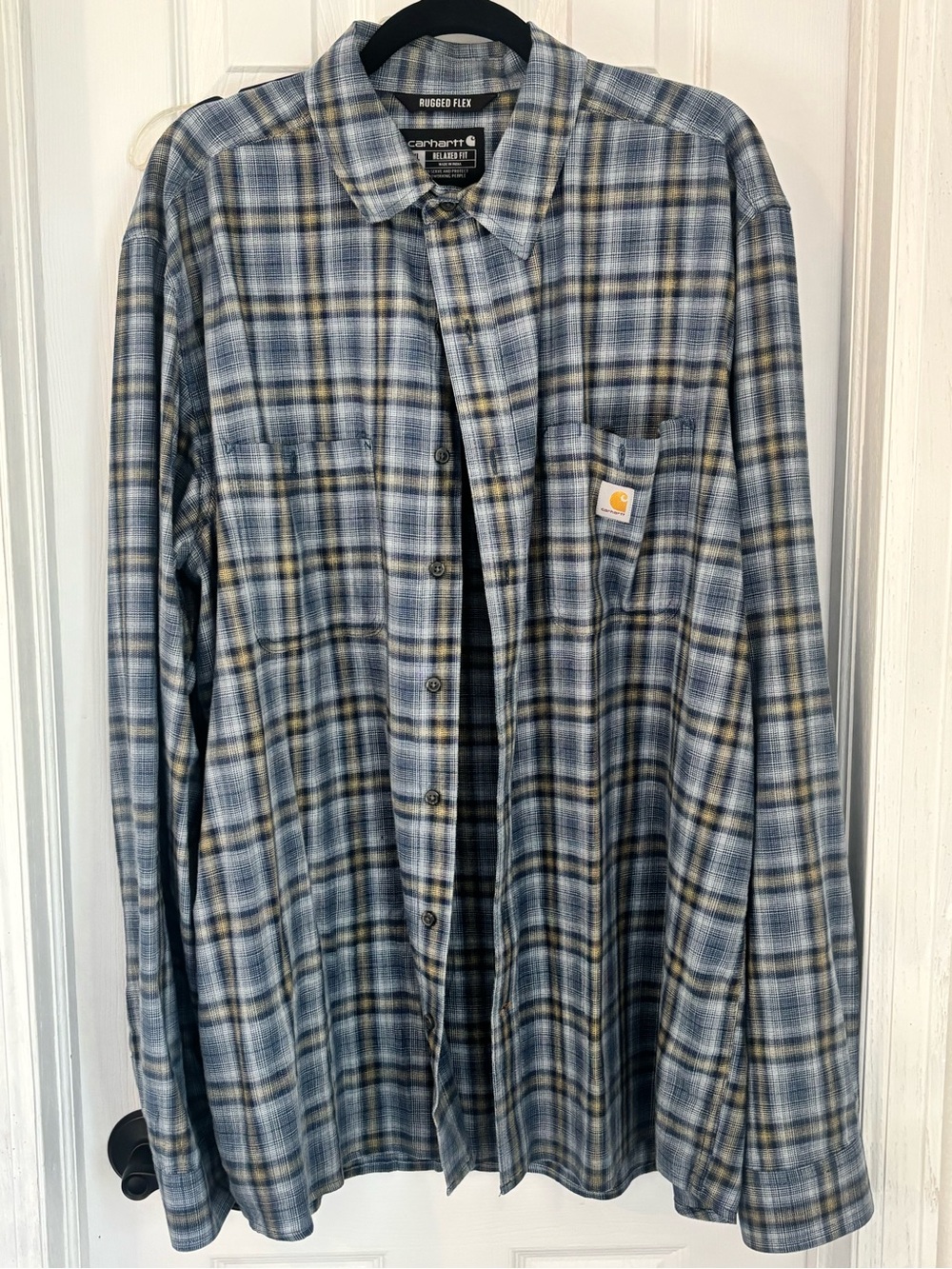 Carhartt Men's Blue and Gray Plaid Button-Down Shirt